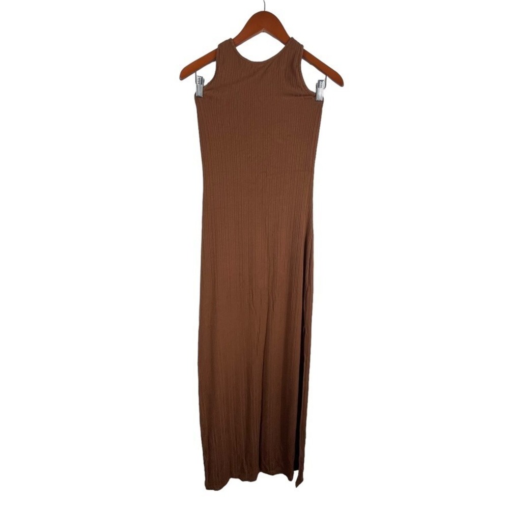 L*Space Women's Ribbed Maxi‎ Dress Size Large Brown Fitted Slit Party Cross Back